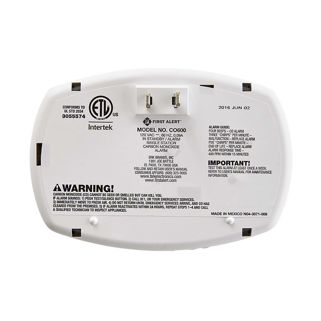 CO600 Plug-In Carbon Monoxide Alarm - Back