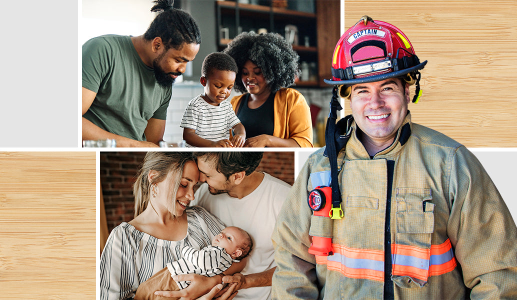 Collage of photos; firefighter, family cooking and couple holding their new baby 