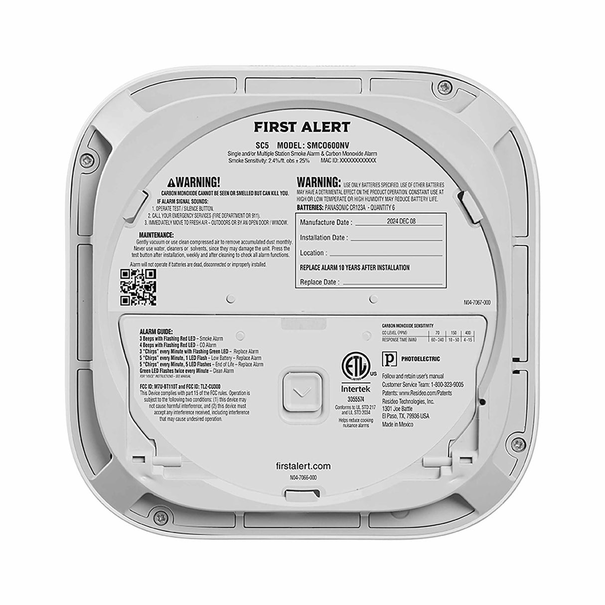 Back of Battery powered Smart Smoke and CO Alarm