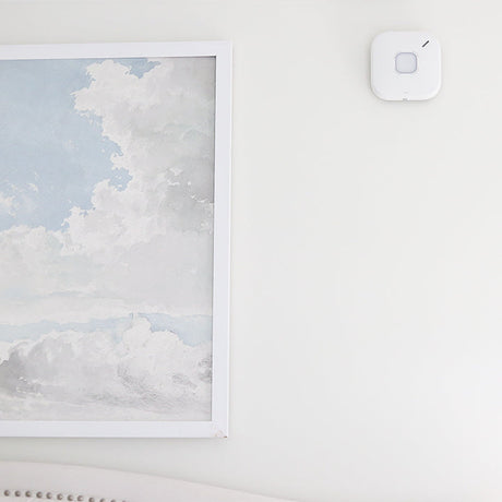 SC5 Smart Smoke & Carbon Monoxide Alarm on a wall near a painting of clouds.