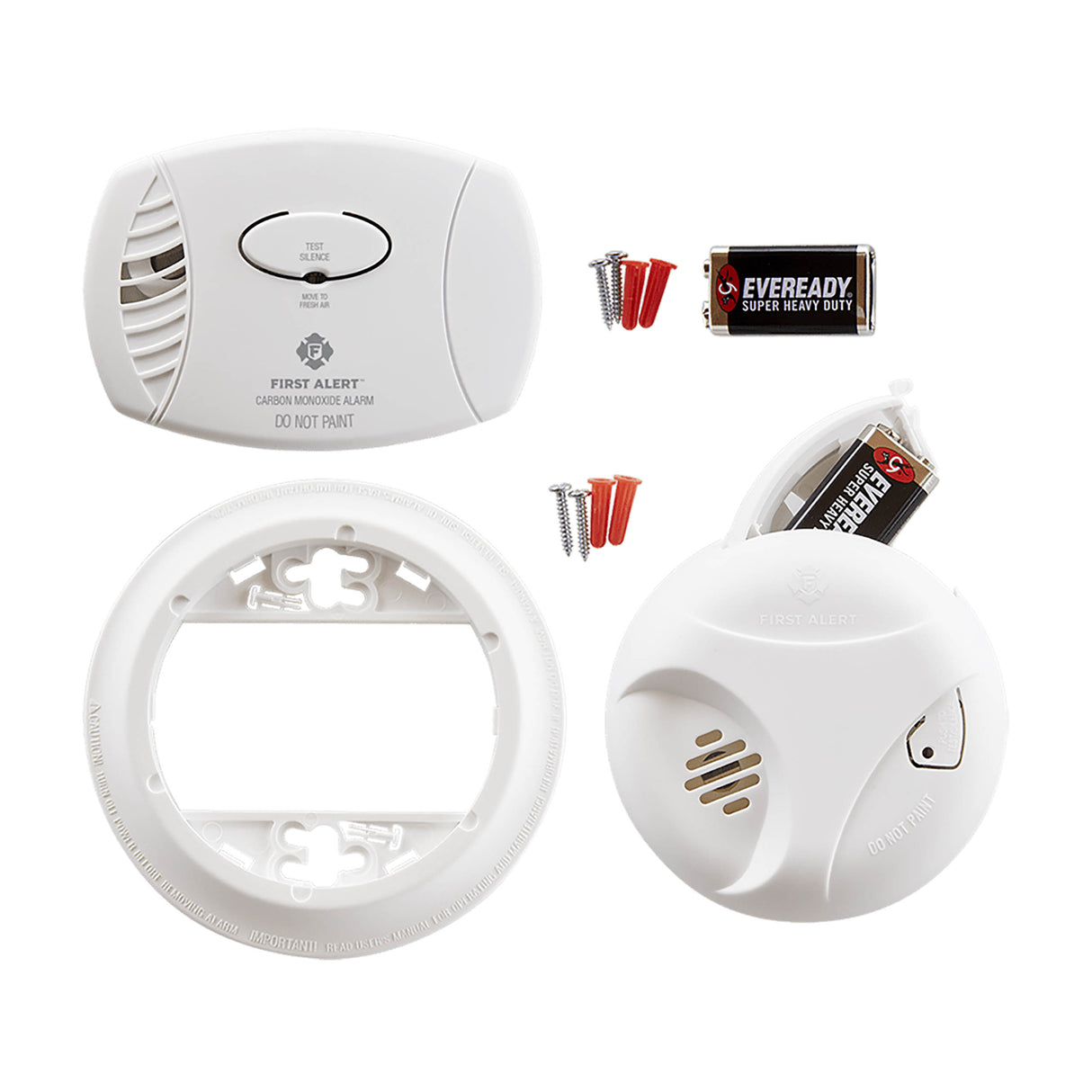 Smoke and Carbon Monoxide Detector Combo Pack with mounting plate, batteries, screws and anchors