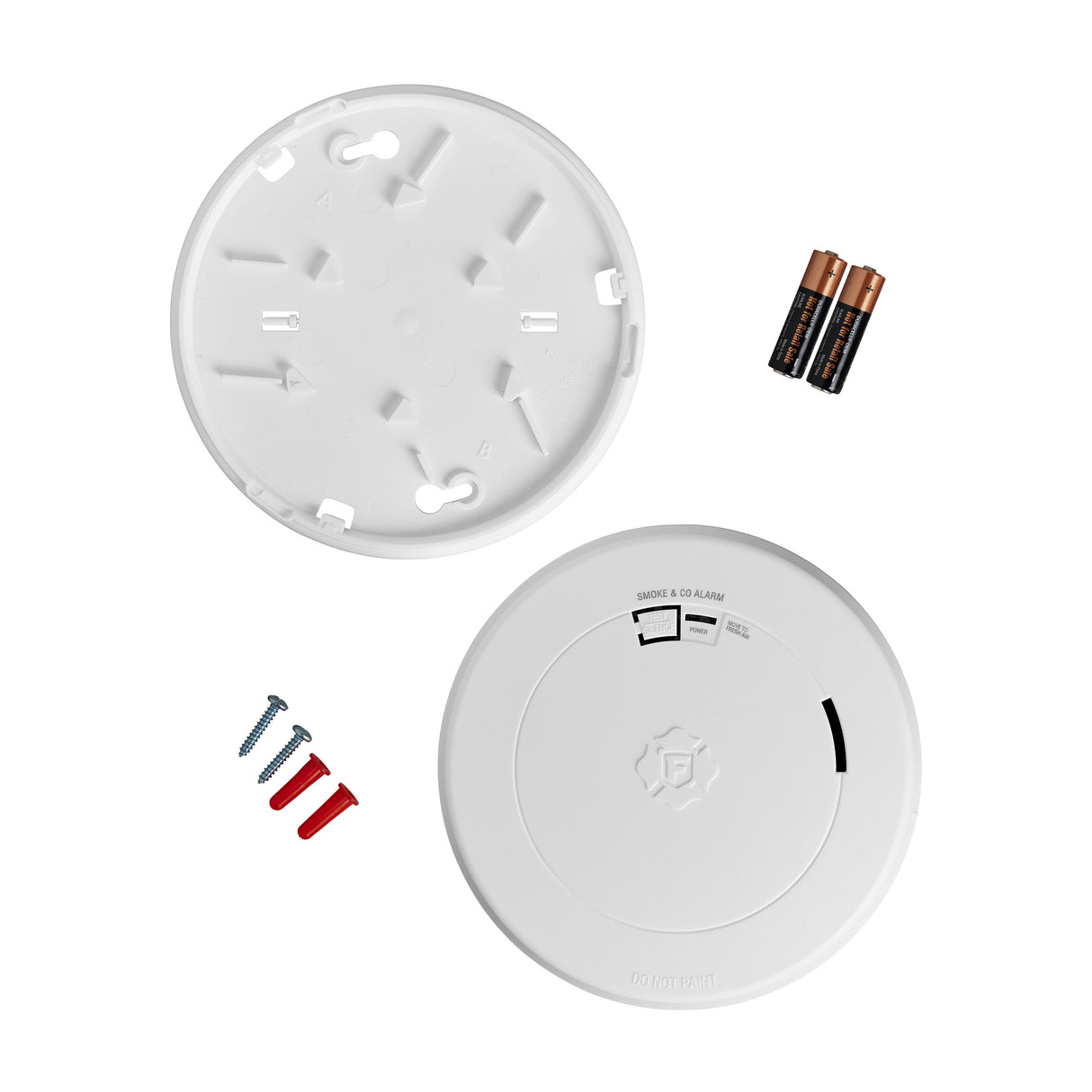 Smoke and CO Alarm with mounting plate, battery, anchors and screws