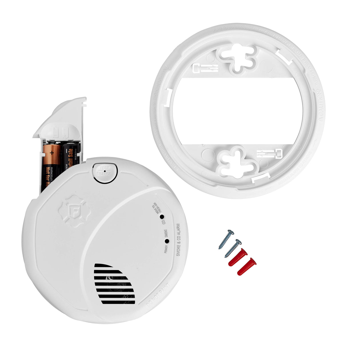 Smoke and CO Alarm with mounting plate, showing battery, anchors, and screws