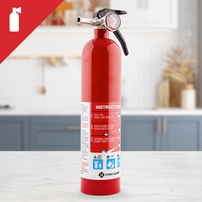 Kitchen fire extinguisher set atop a counter