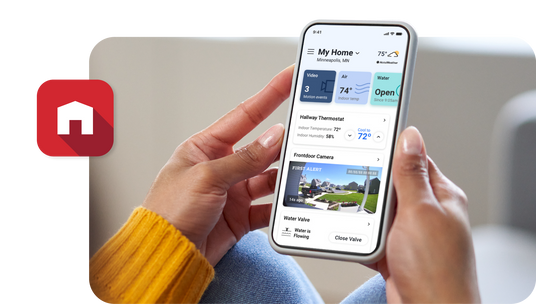 A smartphone display shows the First Alert app dashboard.